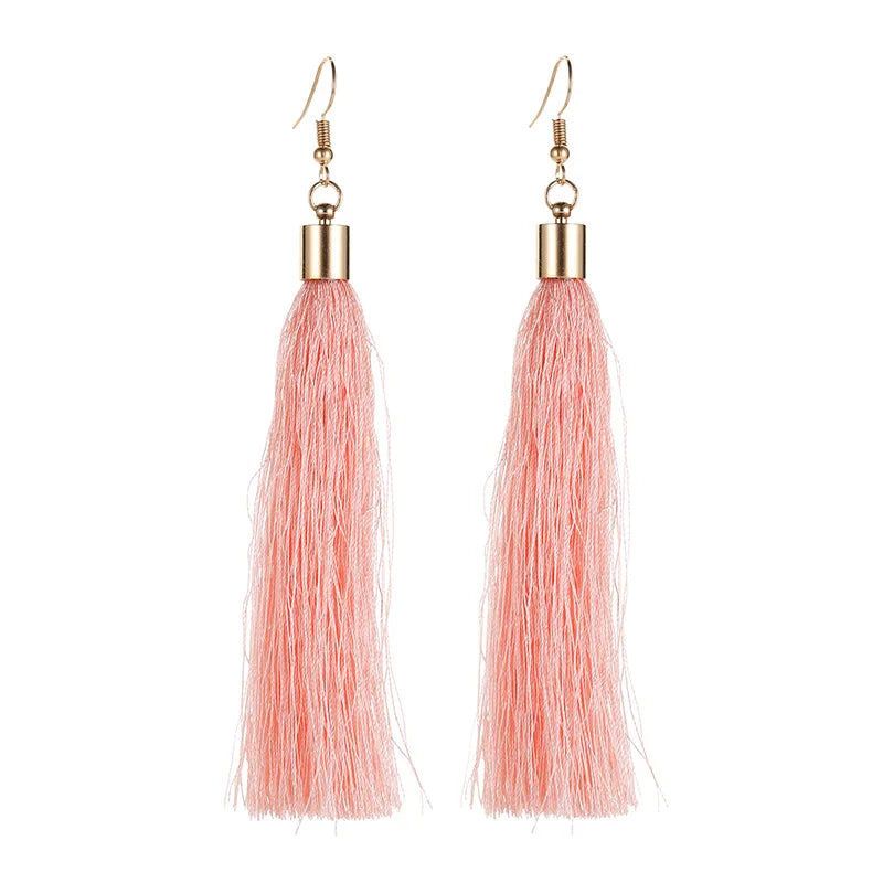 Boho Long Tassel Drop Earrings | 14 Colors | Allergy-Free Tassel Drop Earrings Nixie Pink