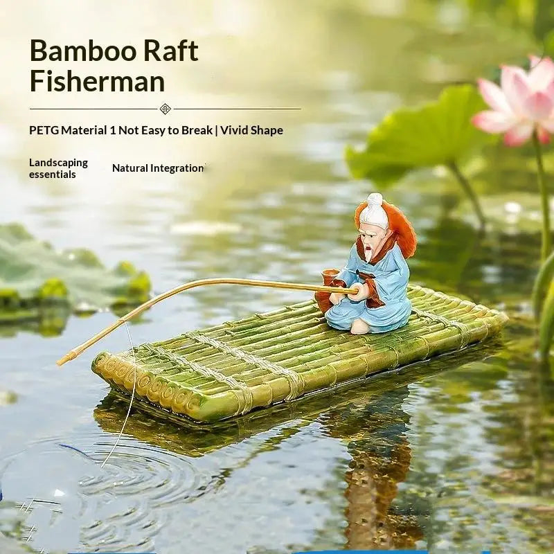 Floating Bamboo Raft Fisherman Ornament | Pond & Aquarium Decor Pond Garden Ornament Nixie Default Title
