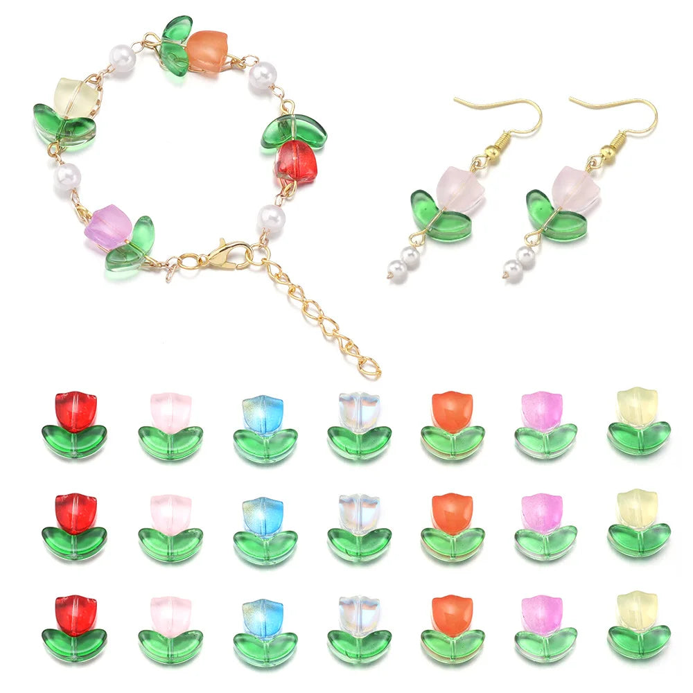 30pcs 9mm Tulip Flower Lampwork Glass Beads for DIY Jewelry Lampwork Glass Beads Nixie