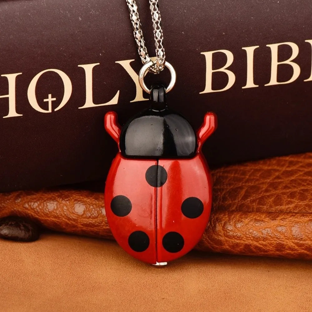 Cute Ladybug Pocket Watch with Chain – Quartz Beetle Design Pocket Watch Nixie Red