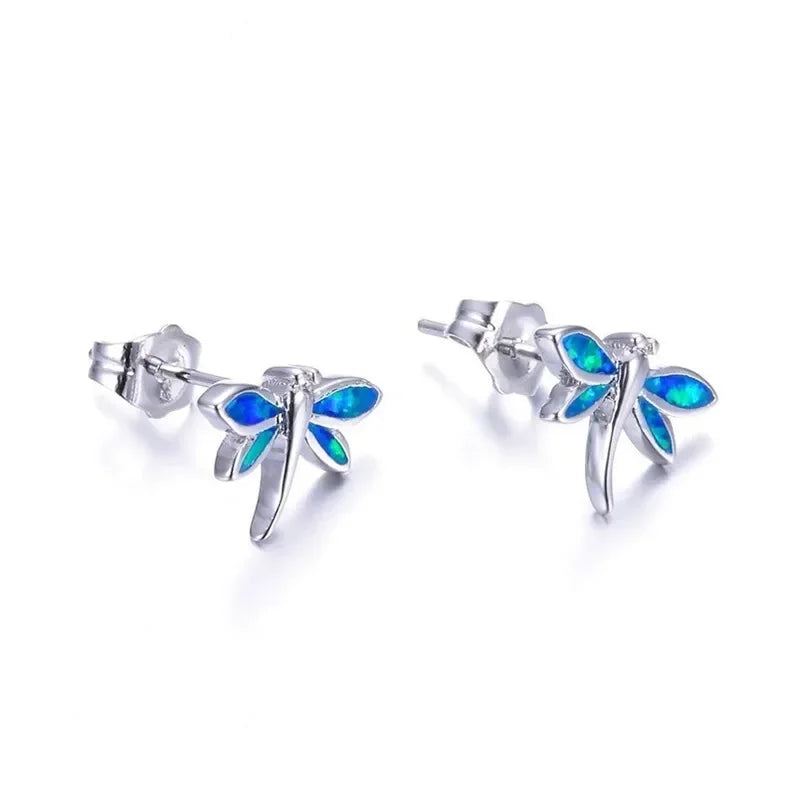 Women's Dragonfly Simulated Opal Stud Earrings – Silver Blue