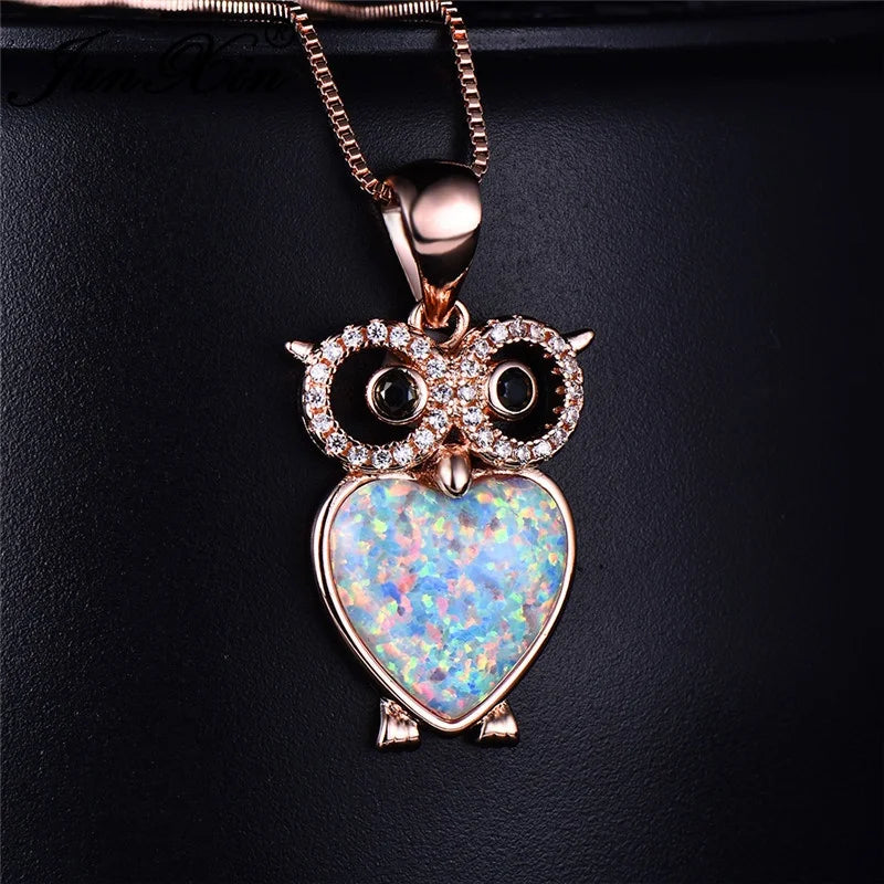 Owl & Crystal Heart Imitation Opal Pendant Necklace Pendant Necklace Nixie