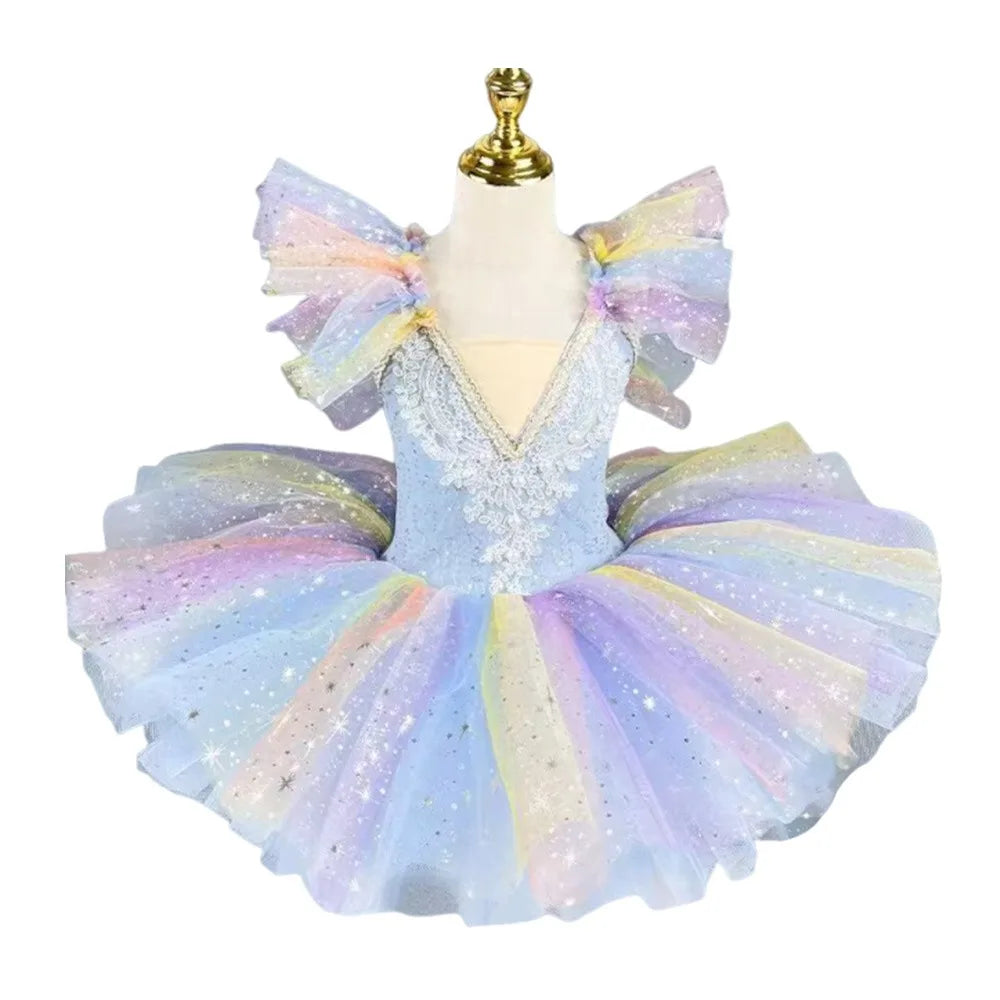 Sequin Kids Ballet Tutu Dress – Rainbow Party Performance Kids Ballet Dress Nixie Rainbow blue 130CM