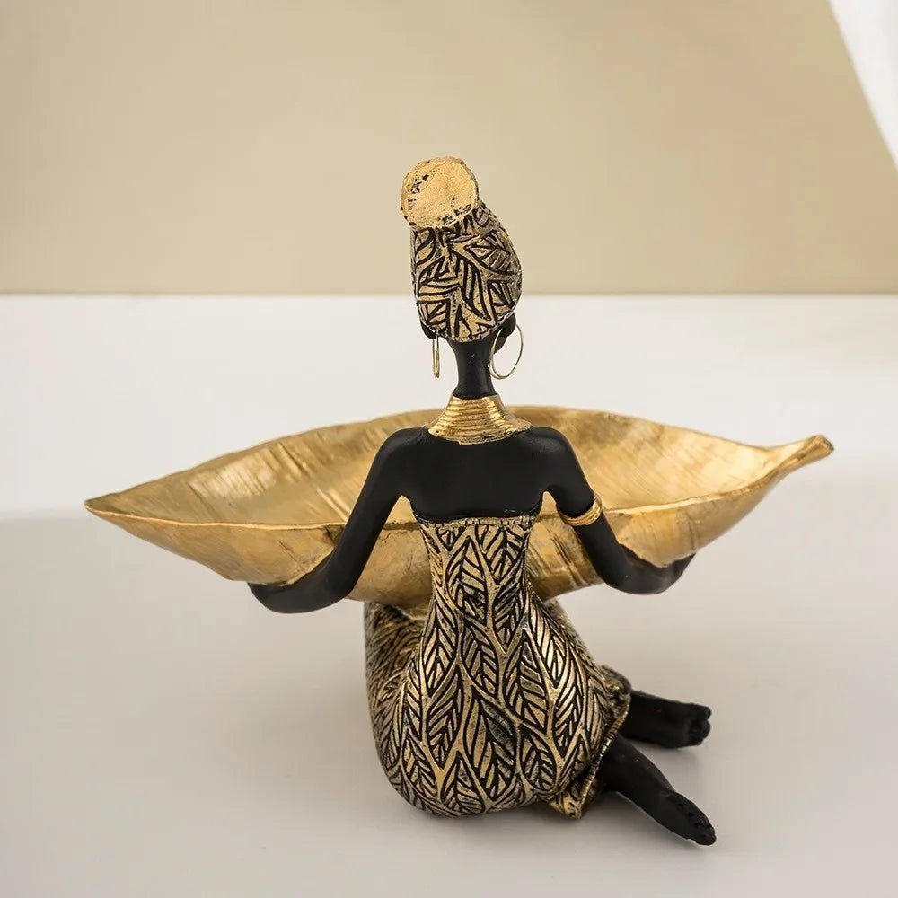 Vintage African Girl Sculpture Decorative Storage Plate Ornament