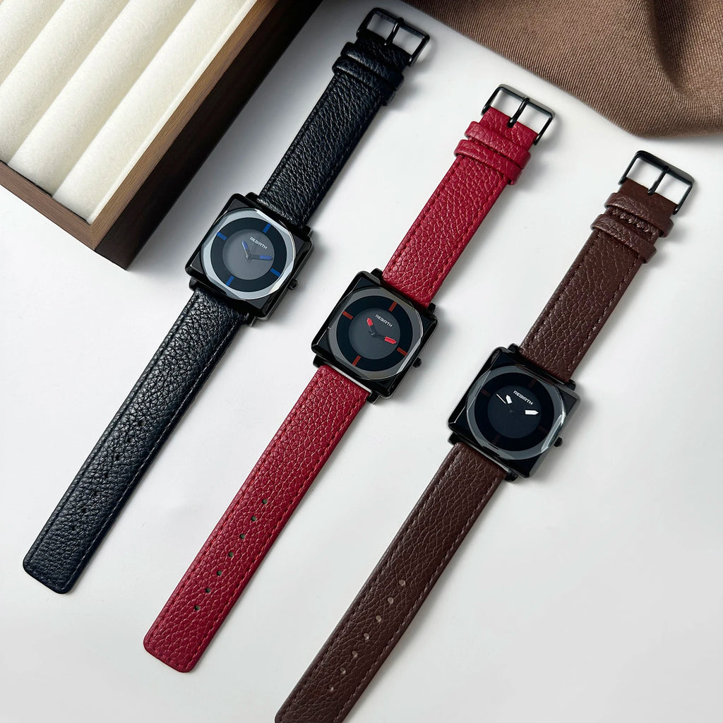 REBIRTH Women's Retro Square Quartz Watch – Leather Strap Women's Quartz Watch Nixie