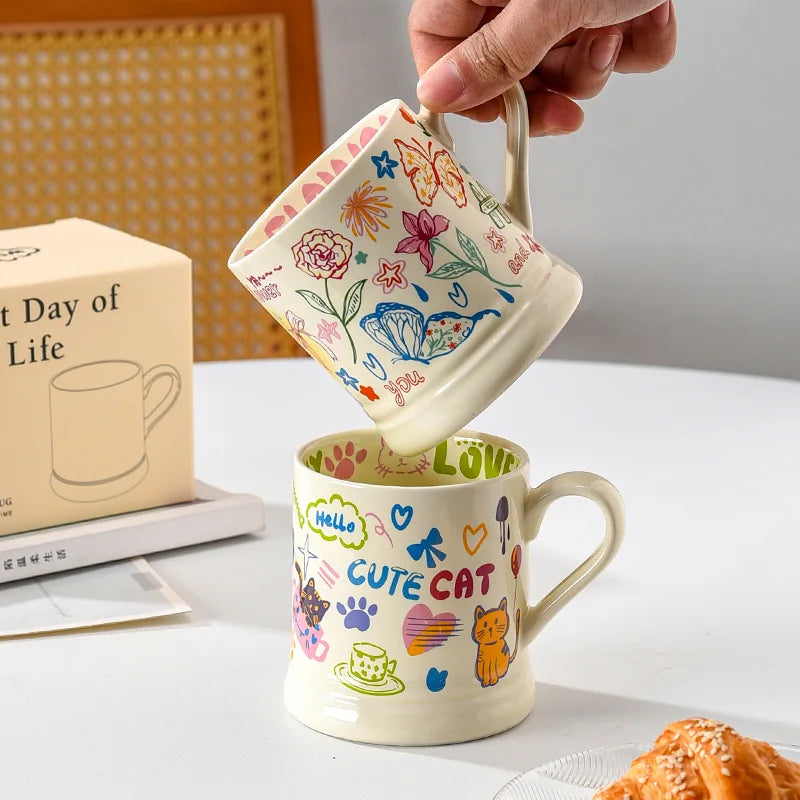 French Style Cat & Butterfly Ceramic Mug 370ml | Cute Gift