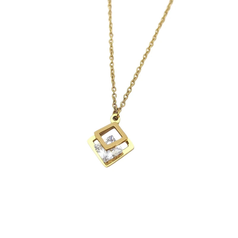 Double Layer Square Pendant Necklace – Stainless Steel Chain