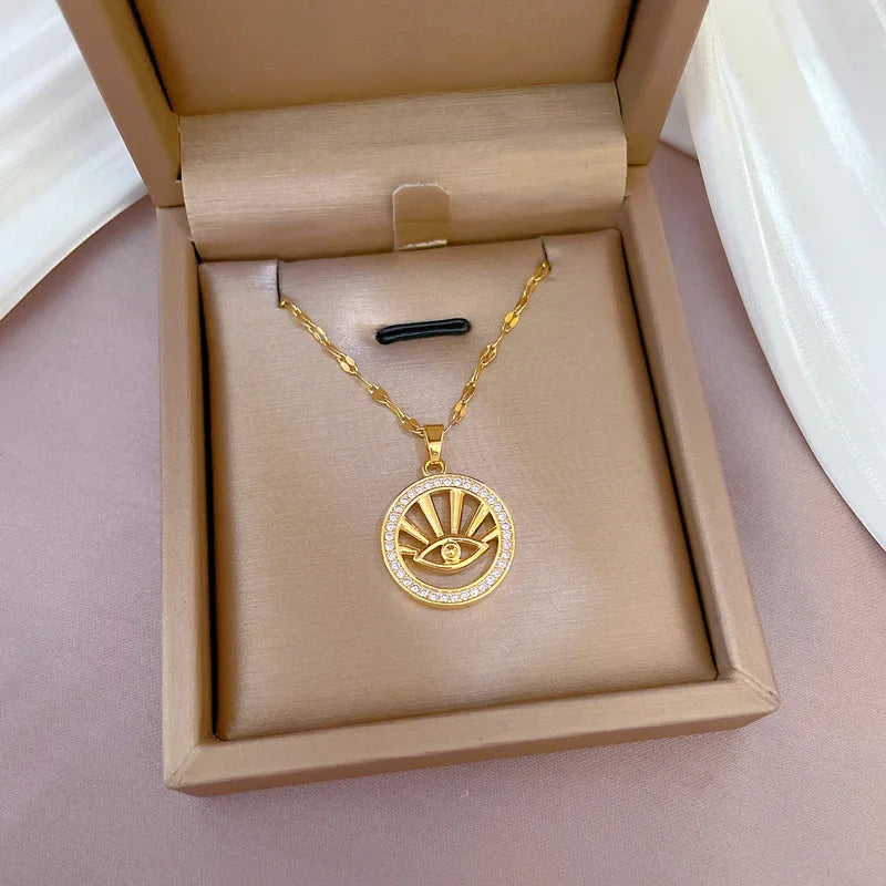 Evil Eye Circle Pendant Necklace – Gold Stainless Steel & Zircon Pendant Necklace Nixie