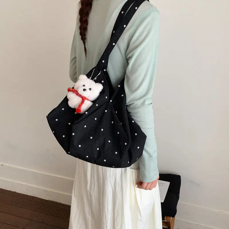 Korean Polka Dot Tote Bag – Large Casual Bucket Shoulder Bag Tote Bucket Bag Nixie Black (No Charm)