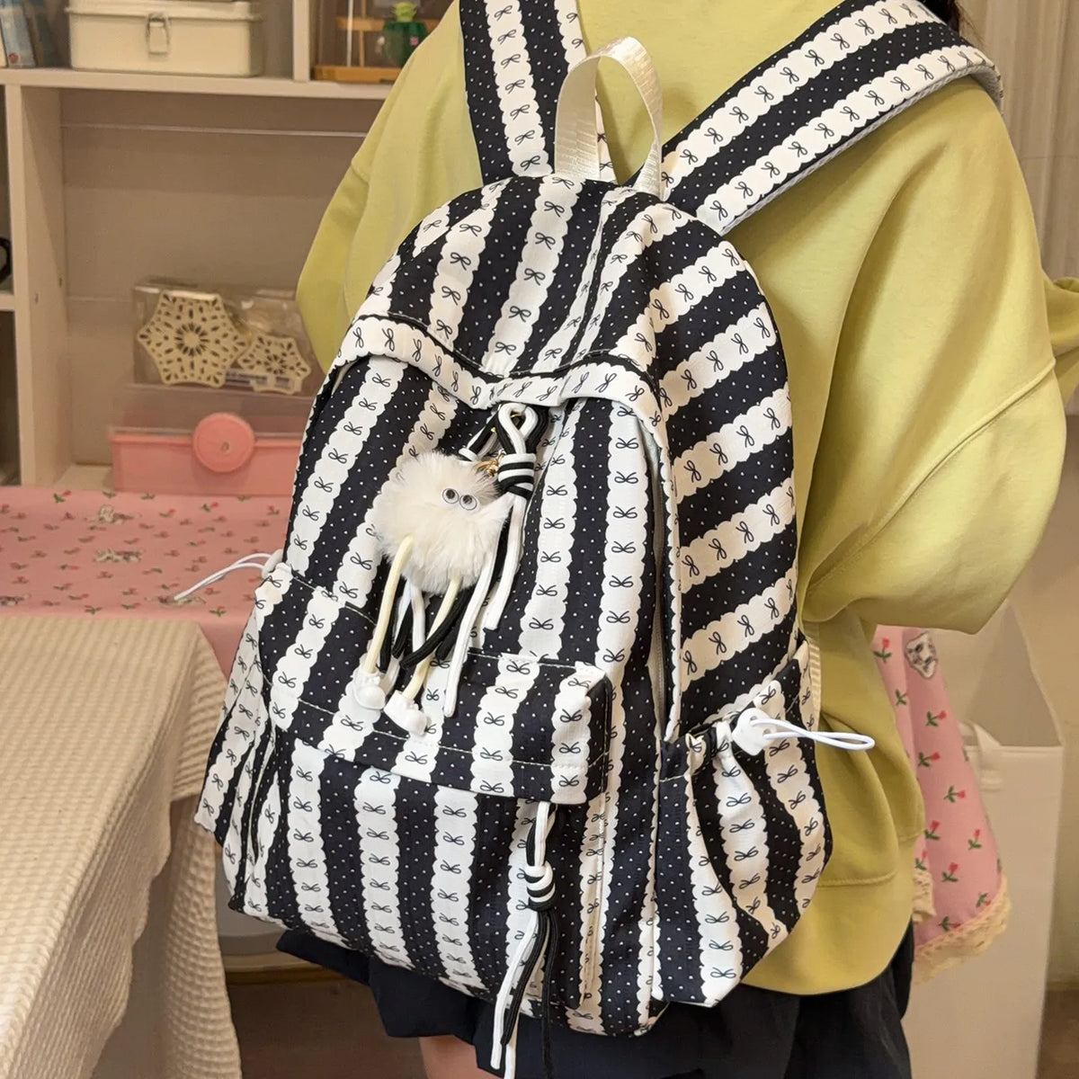 Nixie Striped Bow School Backpack – Large Capacity Teen Girls School Backpack Nixie Black