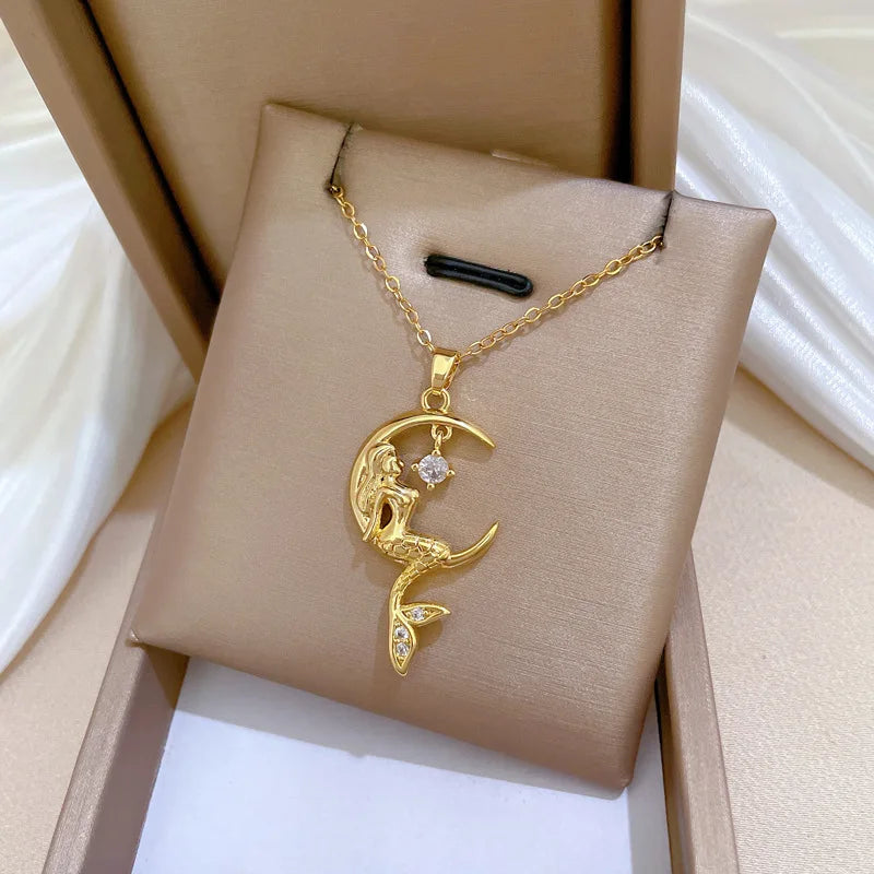Mermaid Pendant Choker Necklace | Gold Stainless Steel Pendant Choker Necklace Nixie