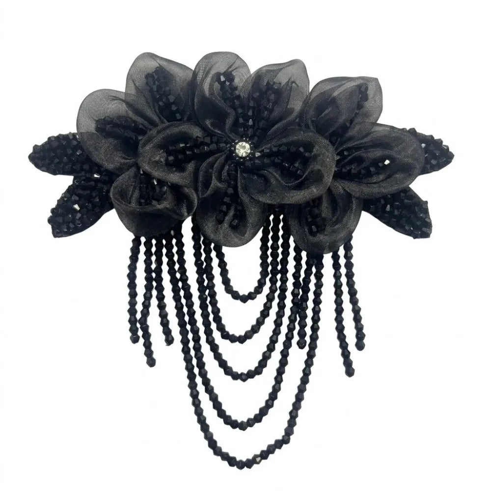 Handmade Fabric Flower Brooch with Tassels, Beads & Rhinestones Fabric Flower Brooch Nixie Black