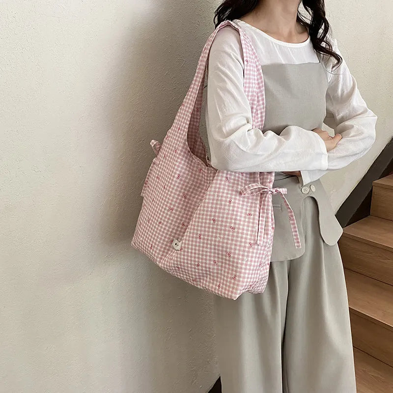Korean Polka Dot Plaid Canvas Shoulder Bag – Large Capacity Canvas Shoulder Bag Nixie Pink