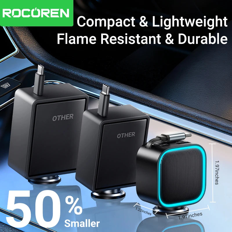 Rocoren 3-in-1 PD 30W Retractable Car Charger 2C+A Ports Car Charger Adapter Nixie