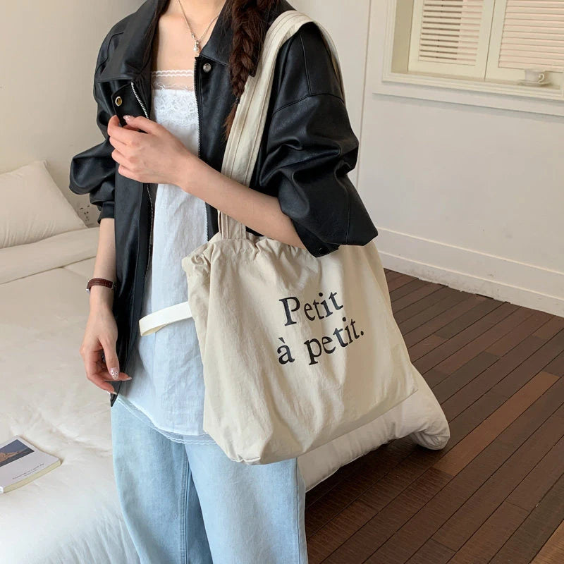 Korean Canvas Bucket Bag – Letter Print Shoulder Tote Canvas Shoulder Tote Nixie