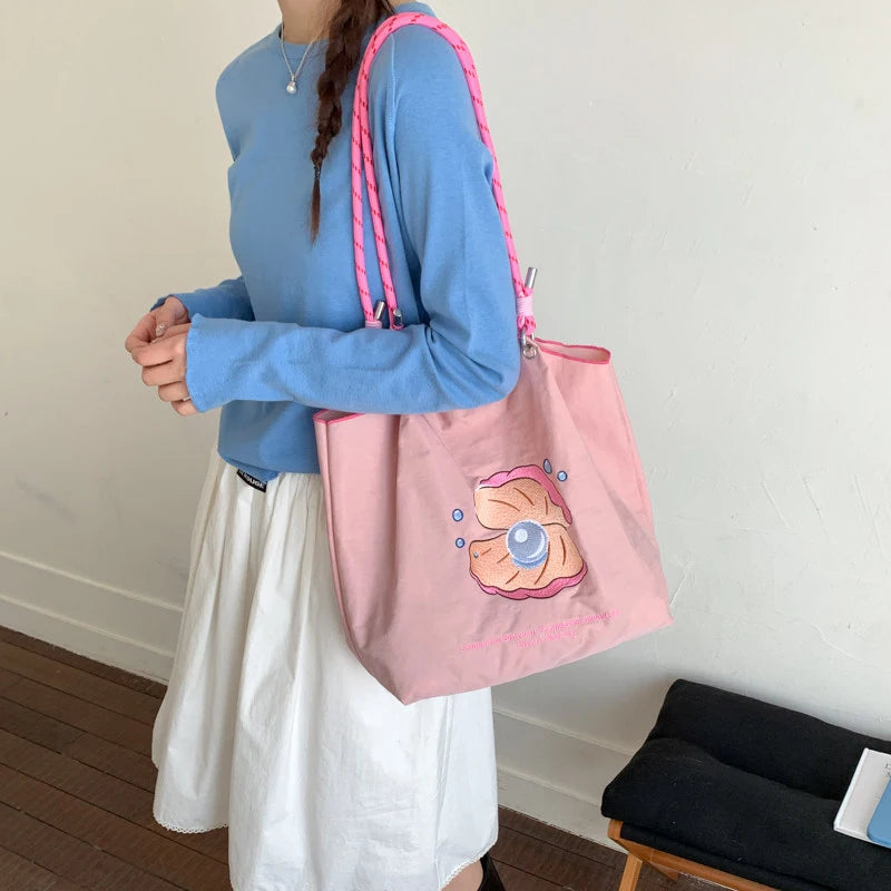 Japanese Cartoon Embroidered Canvas Tote Bag – Cute Shoulder Bag Canvas Shoulder Tote Nixie