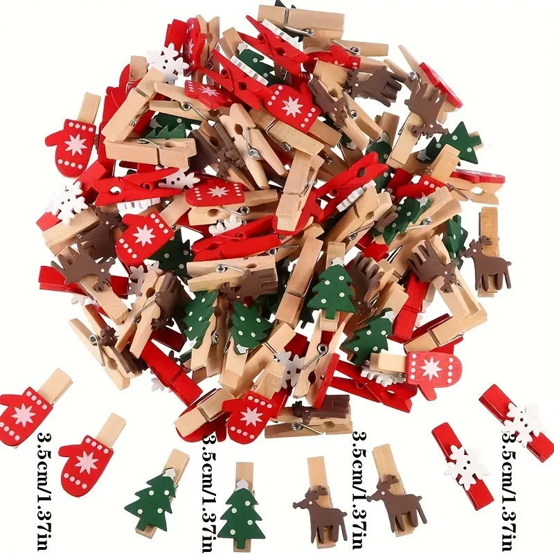 20-Pack Wooden Holiday Pegs – Trees, Snowflakes & Deer Holiday Craft Pegs Nixie