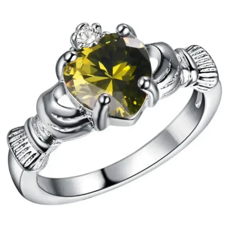 Silver Olive Green Zircon Crown Claddagh Ring | Sizes 6–10