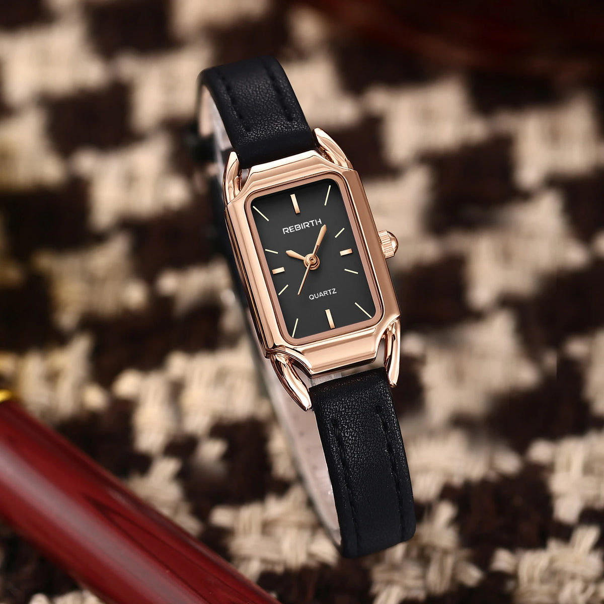 REBIRTH Women's Retro Leather Strap Quartz Watch | Rectangle Dial