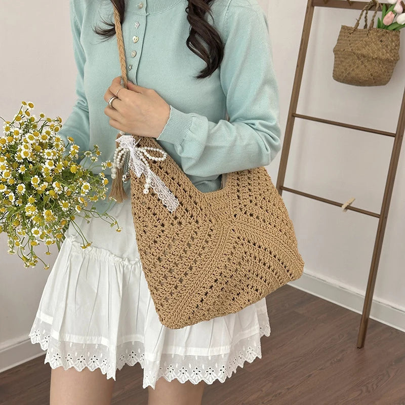 Cotton Crochet Tote Bag – Women's Woven Beach & Travel Bag Crochet Tote Bag Nixie