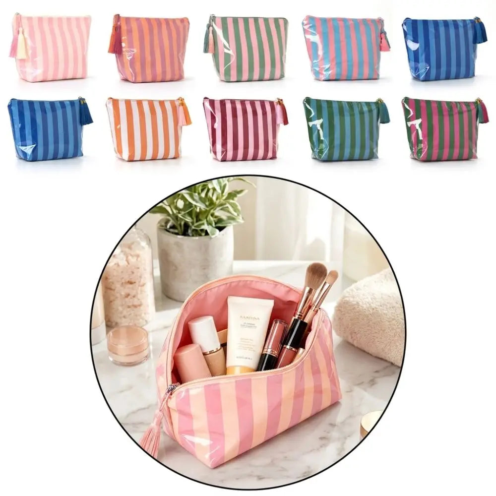 Glossy PVC Striped Cosmetic Bag Zip Makeup Organizer Travel Pouch Cosmetic Travel Bag Nixie