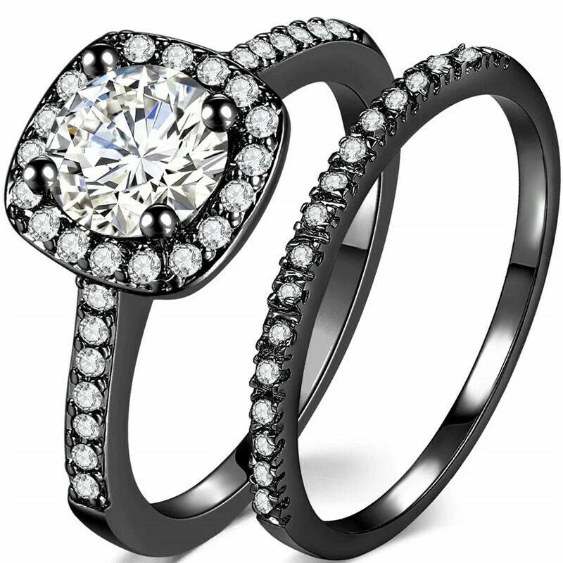 Women's Black Gold Plated White Zircon Bridal Ring | Size 6–10