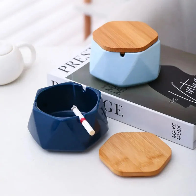Modern Ceramic Ashtray with Bamboo Lid | Desktop Décor
