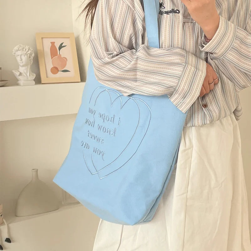 Korean Heart Embroidery Canvas Tote Bag – Large Capacity Canvas Tote Bag Nixie