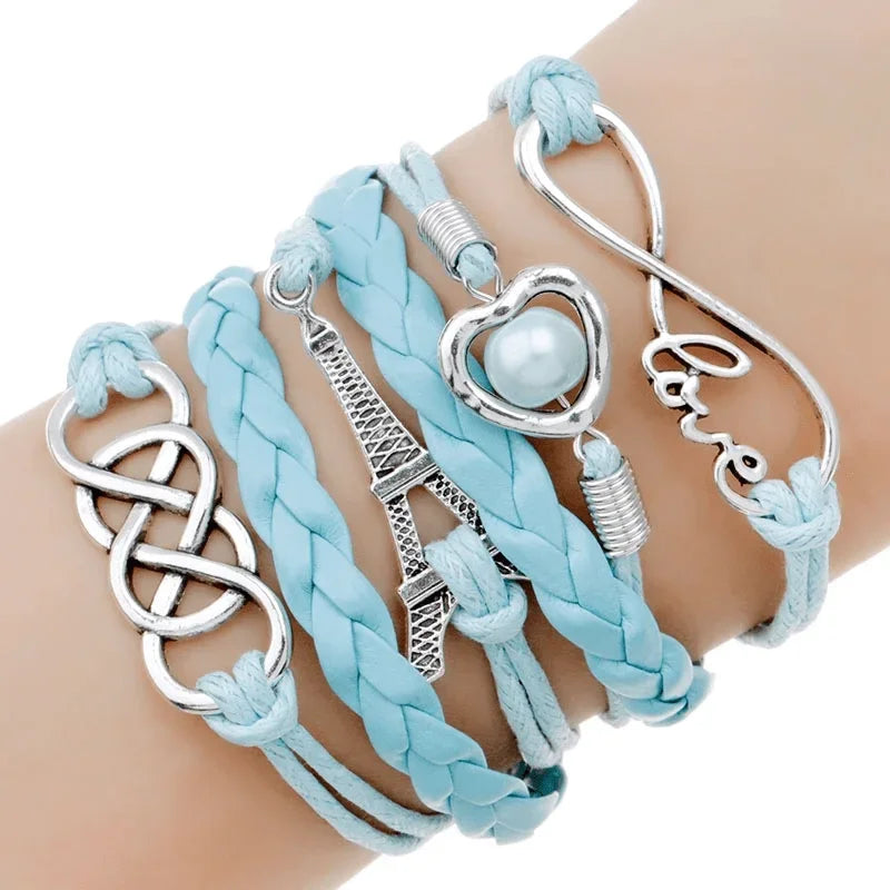 Multilayer Braided Cord & Pearl Bead Bracelet – Unisex Punk