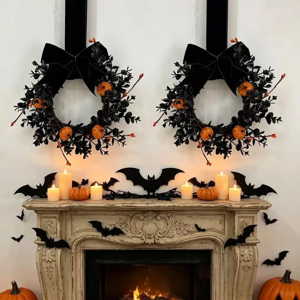 9-Inch Black Halloween Pumpkin Wreath with Velvet Bow Halloween Wreath Nixie