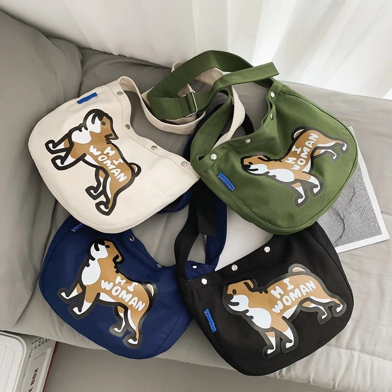 Japanese Puppy Print Canvas Crossbody Tote Bag – Unisex Canvas Crossbody Bag Nixie