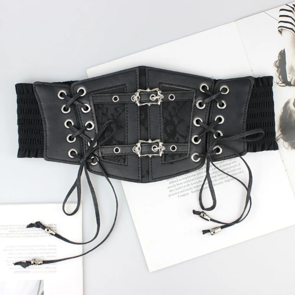 Gothic Corset Waist Belt – Wide Elastic Lace Cummerbund Women Corset Waist Belt Nixie Black