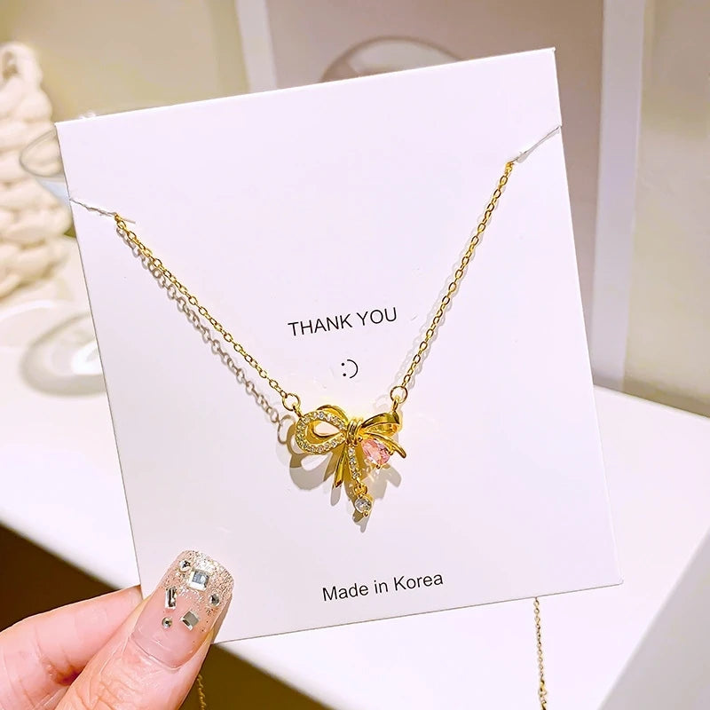 Pink Diamond Bow Pendant Necklace | Light Luxury Copper Pendant Necklace Nixie