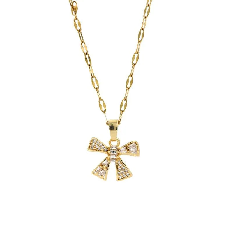 Zircon Bowknot Pendant Necklace | Gold Stainless Steel Chain Pendant Necklace Nixie