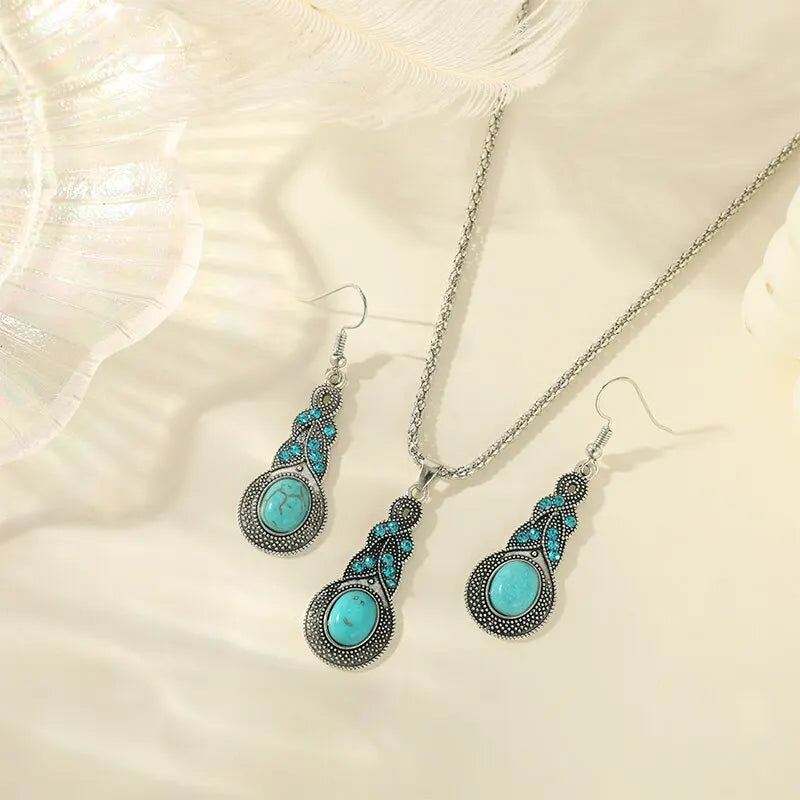 Vintage Turquoise Crystal Necklace & Earrings Set – 3 Piece Jewelry Set Nixie