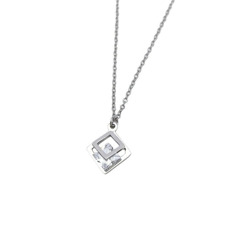 Double Layer Zircon Square Pendant Necklace | Stainless Steel Pendant Necklace Nixie