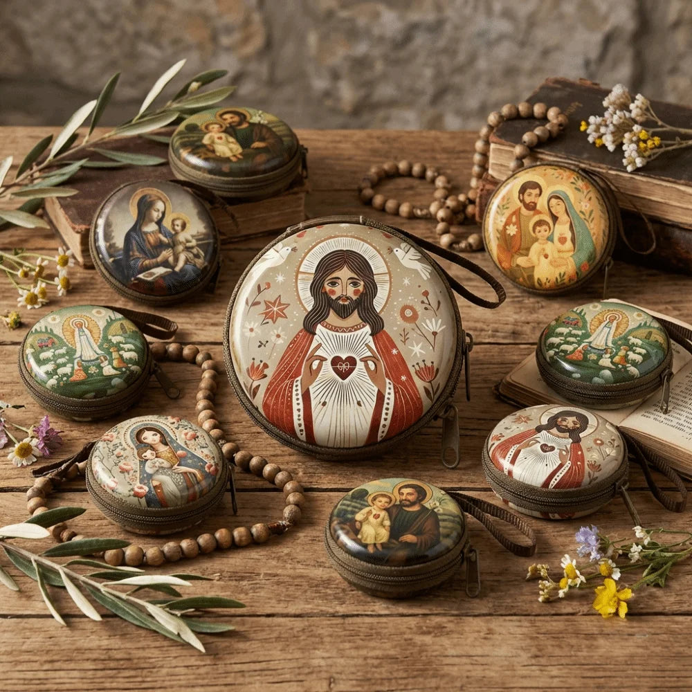 Virgin Mary Round Metal Rosary Storage Bag – Religious Keepsake