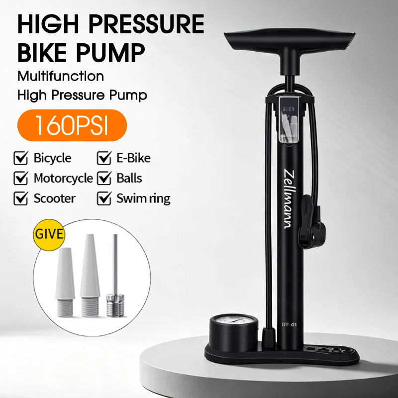 160PSI Portable Bike Pump – Schrader & Presta, Pressure Gauge Bicycle Floor Pump Nixie
