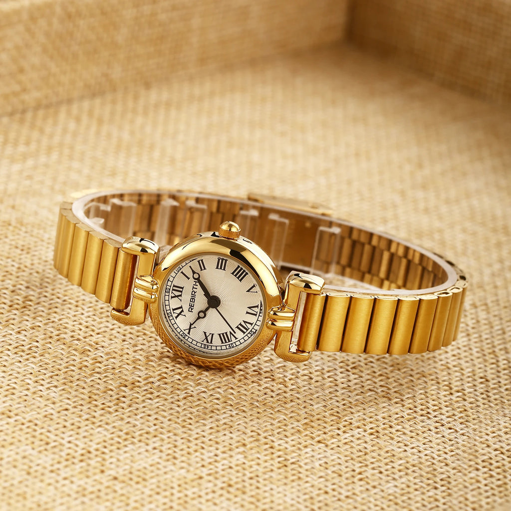 REBIRTH Gold Roman Numeral Quartz Women's Watch | Steel Strap Women's Quartz Watch Nixie
