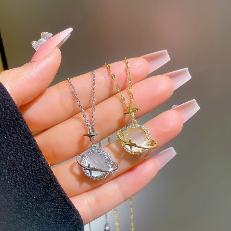 Cat's Eye Moon Pendant Necklace – Stainless Steel Clavicle Chain
