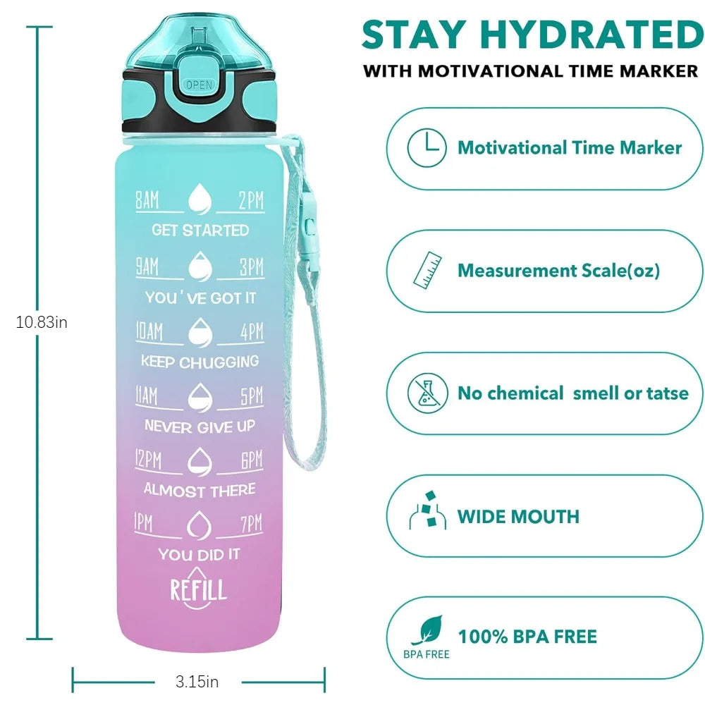 32 oz Motivational Water Bottle with Straw & Time Markers Motivational Water Bottle Nixie