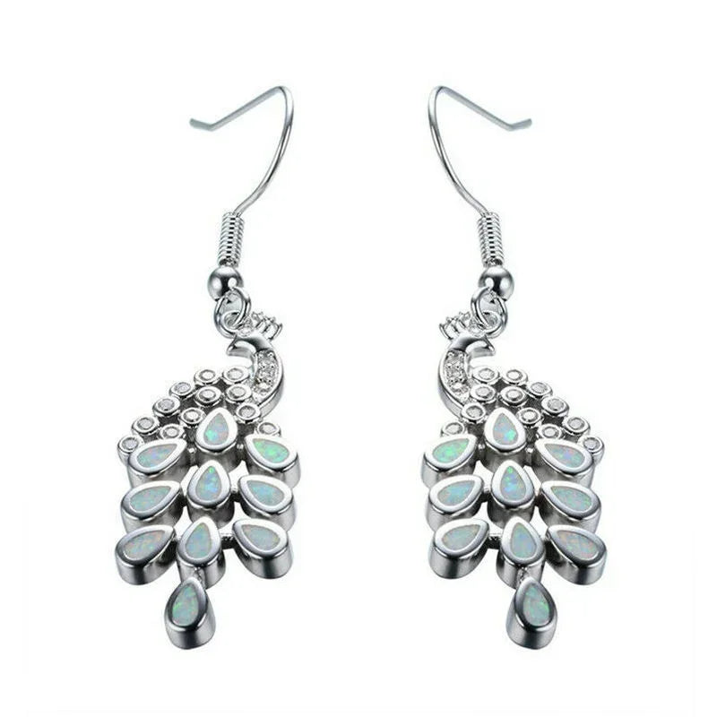 Peacock Silver Simulated Opal Women Long Drop Earrings