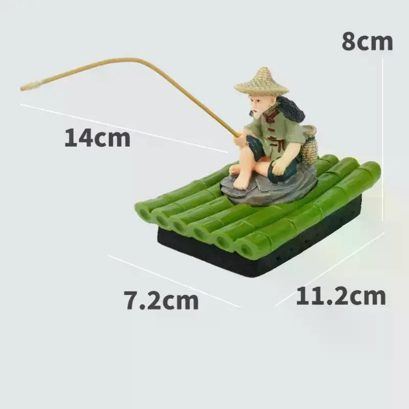 Bamboo Raft Fisherman PVC Figurine | Pond & Aquarium Decor Garden Figurine Nixie