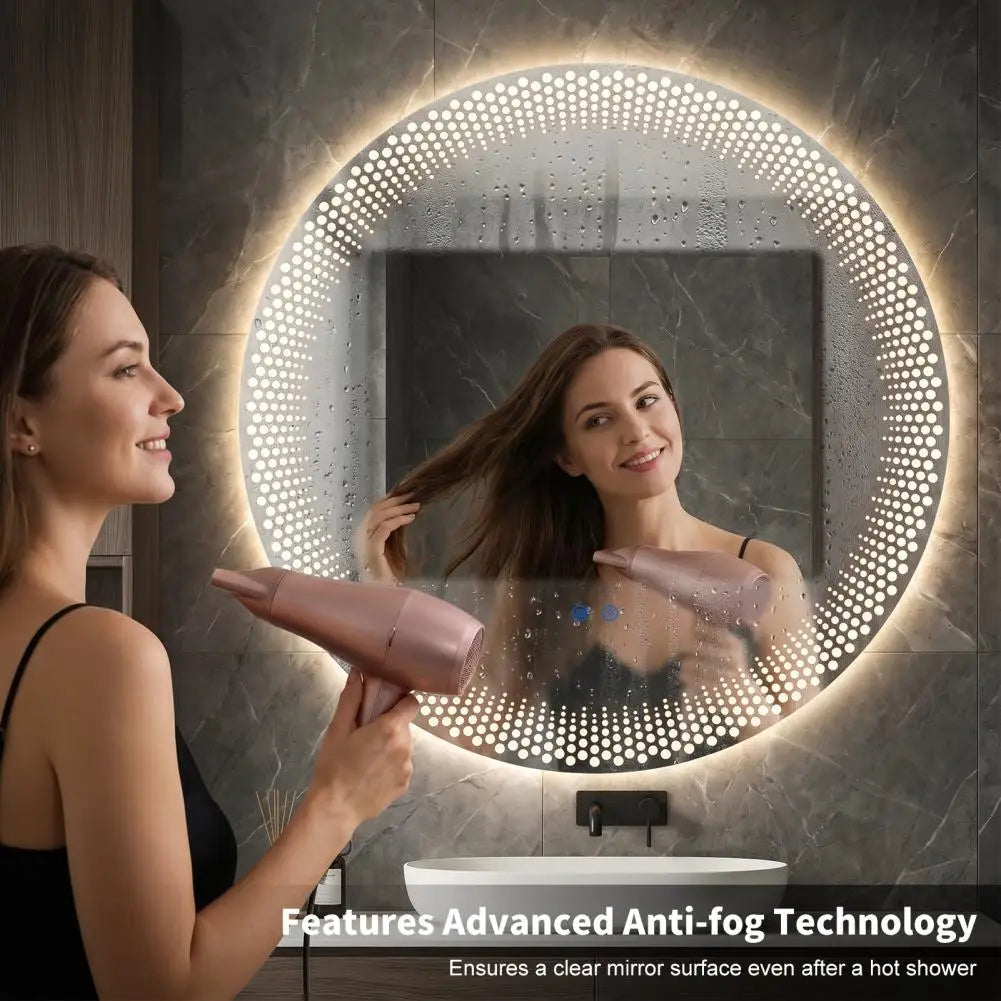Round LED Bathroom Mirror – Anti-Fog, Dimmable, 3 Color Temps