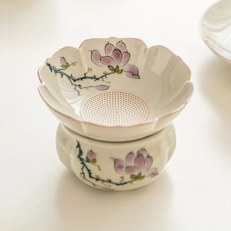 Hand-Drawn Ceramic Magnolia Tea Filter | Kung Fu Tea Set