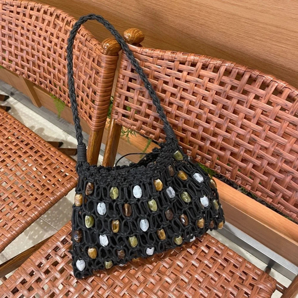 Bohemian Beaded Woven Tote Bag – Colorful Crochet Shoulder Bag Woven Tote Bag Nixie
