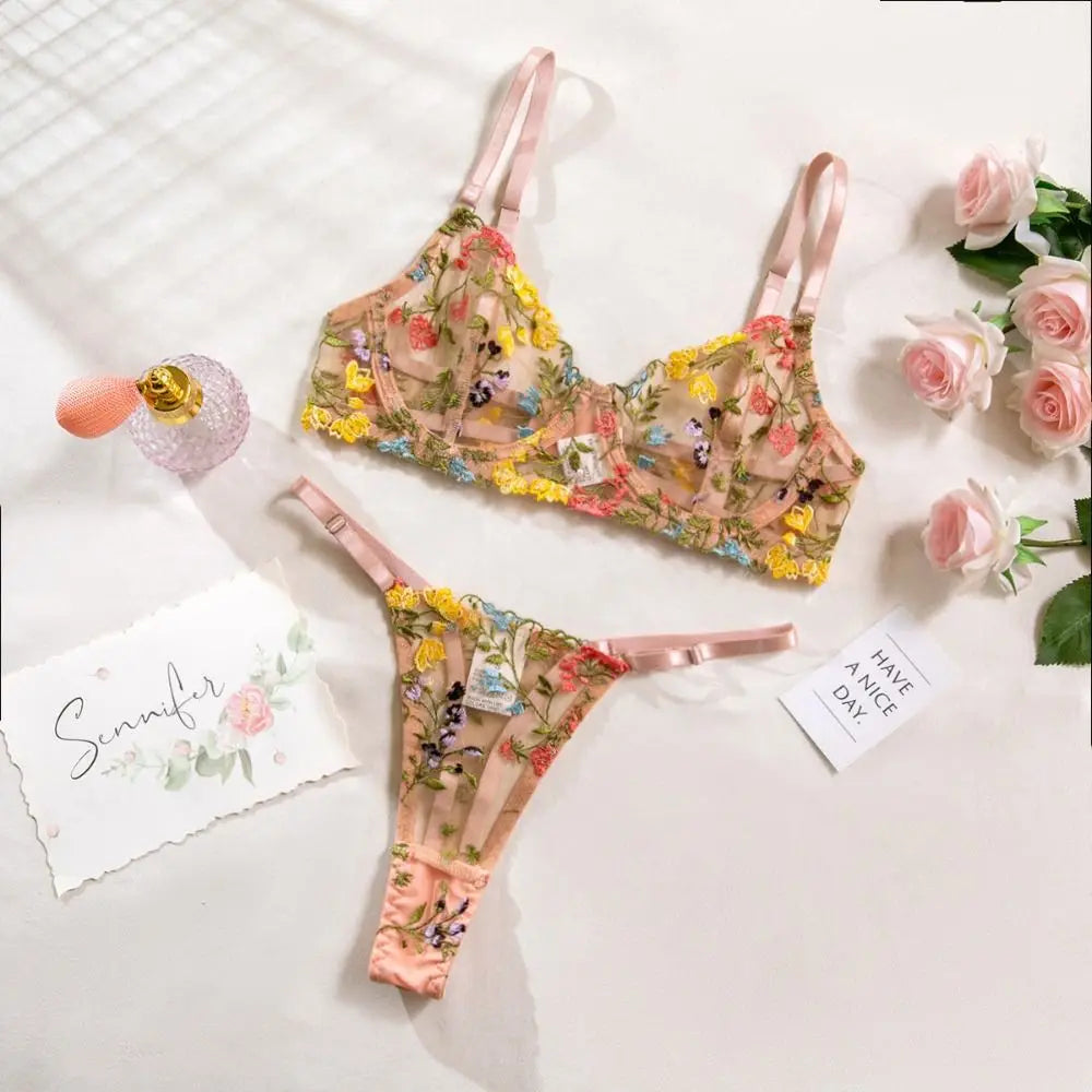 2-Piece Floral Embroidery Lingerie Set – Underwire Bra & Panty Lingerie Bra Set Nixie