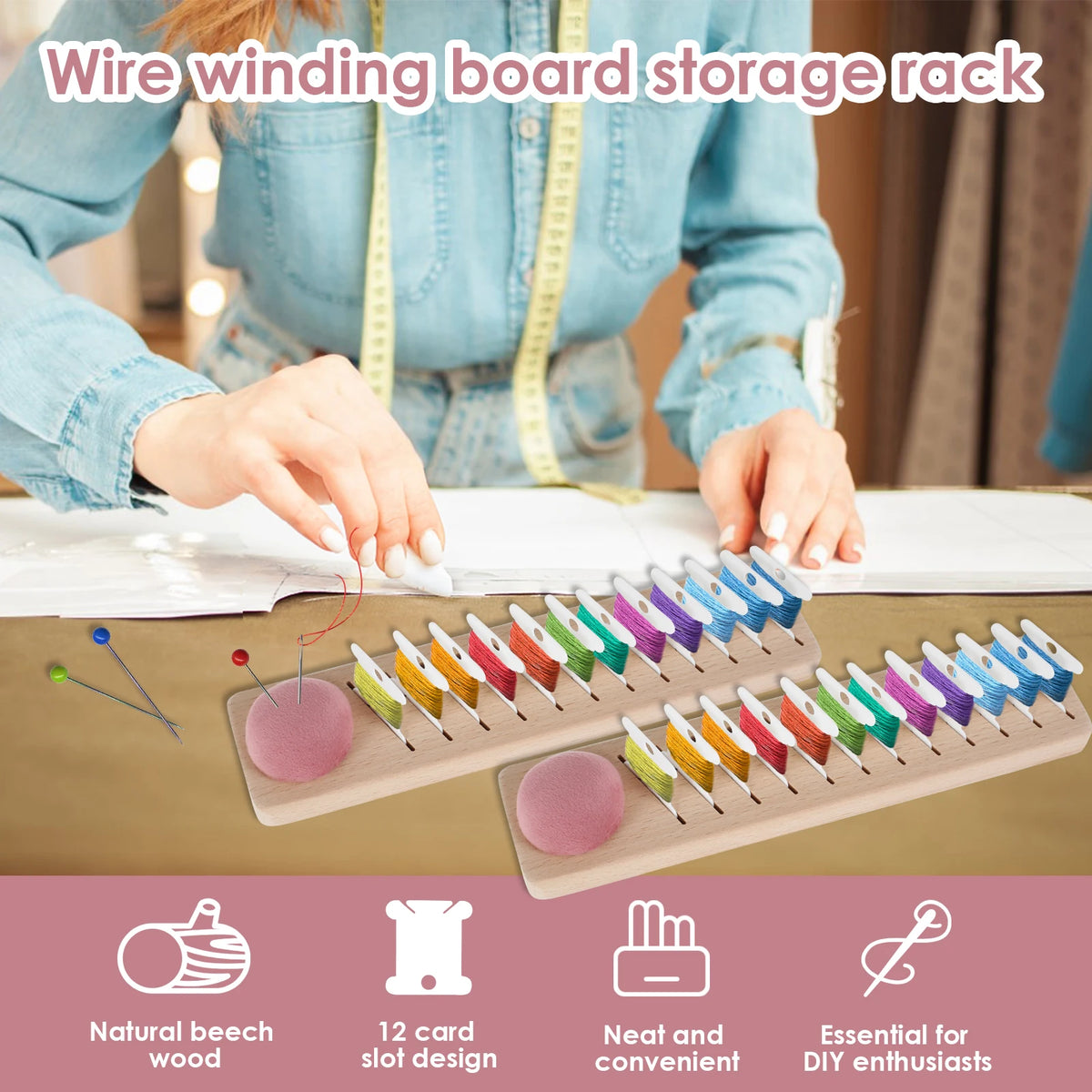 2Pcs Beech Wood Bobbin Rack + 24 Floss Bobbins | 12 Slot Bobbin Rack Organizer Nixie