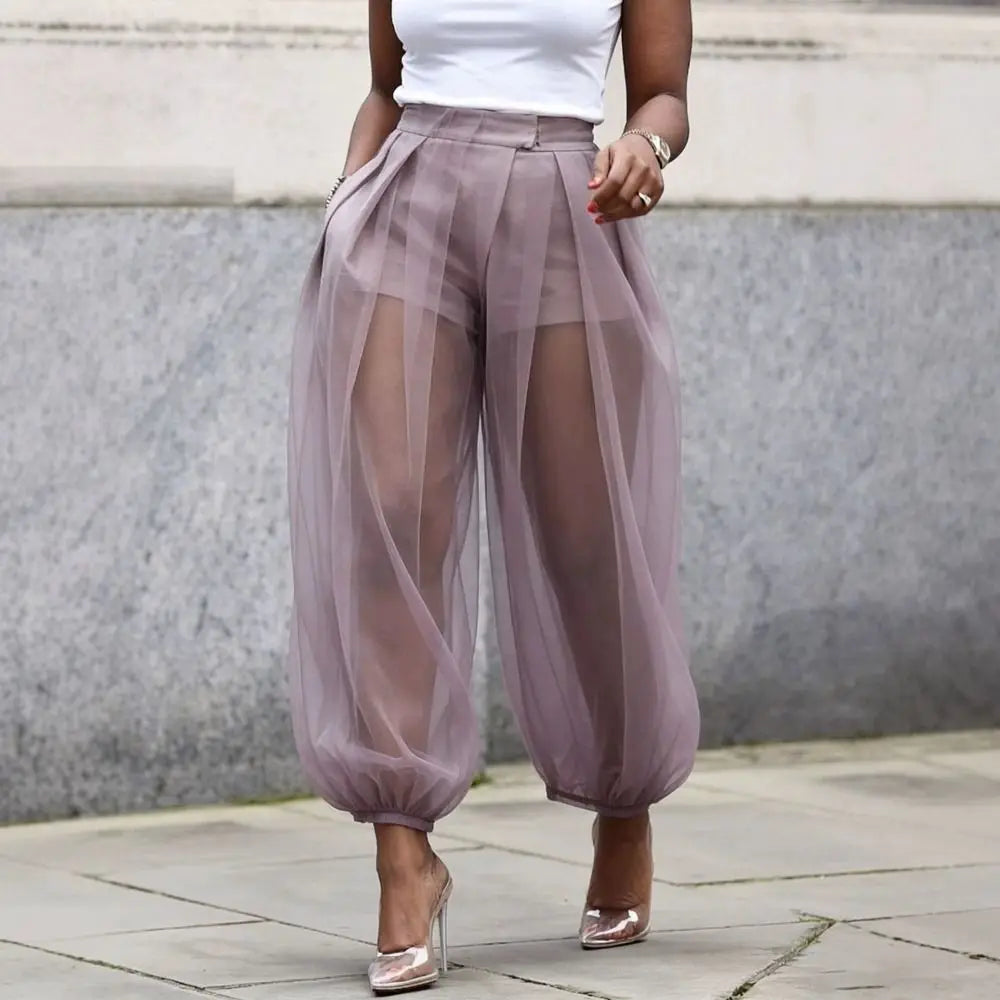 Women's Sheer Mesh Lantern Pants High Waist Balloon Trousers Mesh Lantern Pants Nixie