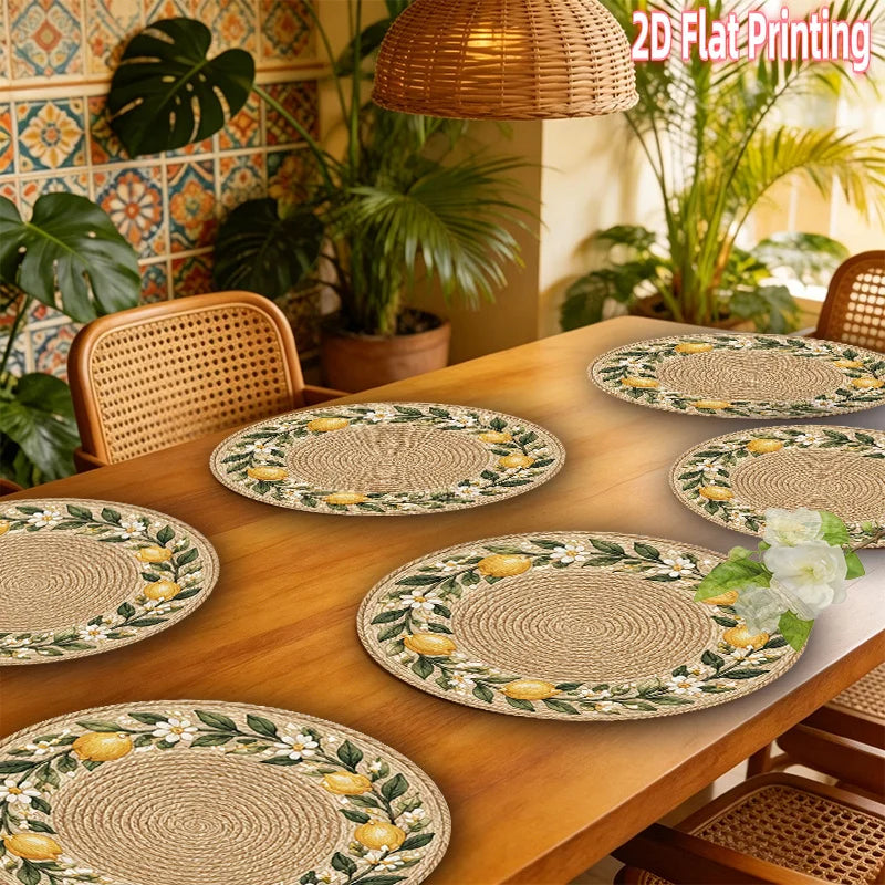 4-Piece Round Placemats Lemon Flower Rattan 15-Inch Polyester Decorative Placemats Nixie